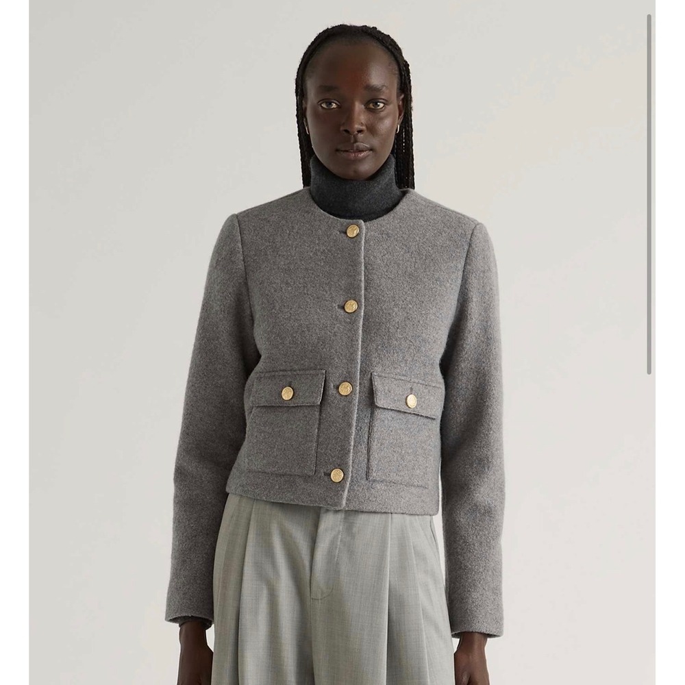 Quince 100% Merino Wool Collarless Cropped Jacket Heather Grey Gold Buttons L